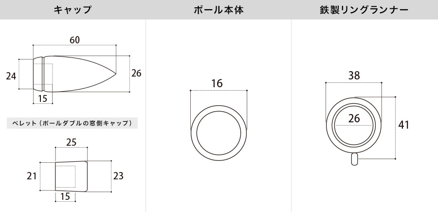 アイアンカーテンレール コロナ 各部材寸法図