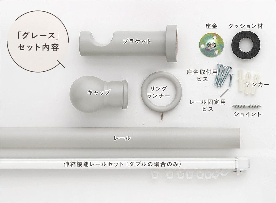 木製カーテンレール・ウッドレール「グレース」セット内容