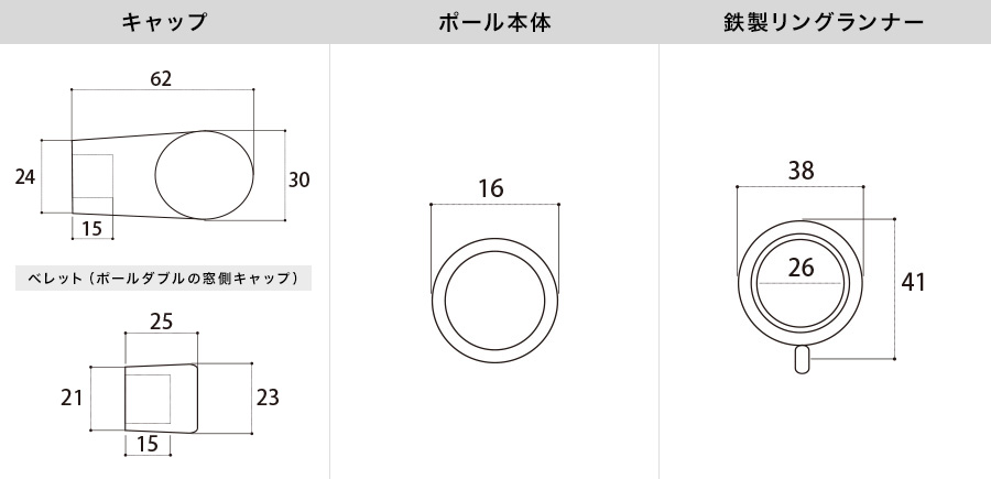 アイアンカーテンレール サクロ 各部材寸法図