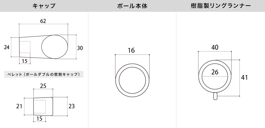 アイアンカーテンレール サクロ 各部材寸法図