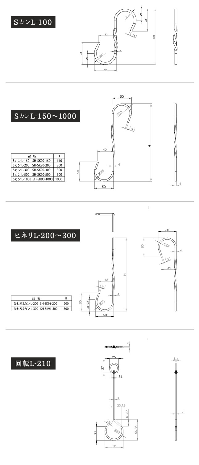 鍛冶屋のSカン各サイズスペック