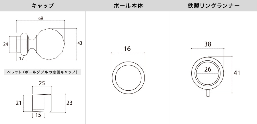 アイアンカーテンレール ヴェトロ 各部材寸法図