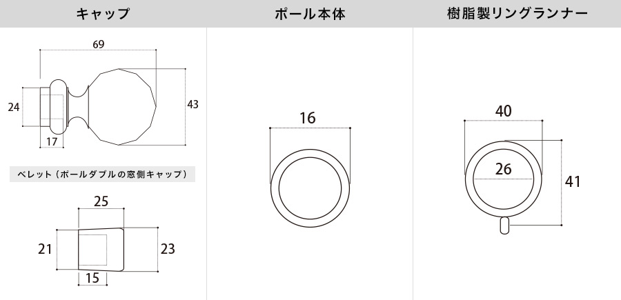 アイアンカーテンレール ヴェトロ 各部材寸法図